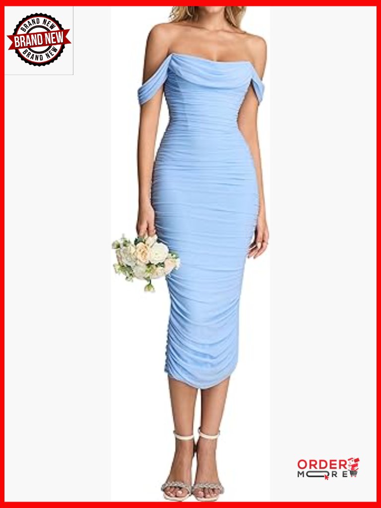 Off Shoulder Corset Formal Wedding Guest Midi Dress Bodycon Ruched Cocktail